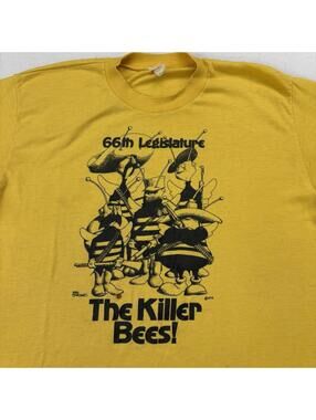 Vintage 70s 1979 Miracle Of The Killer Bees Political Art Shirt Medium Yellow